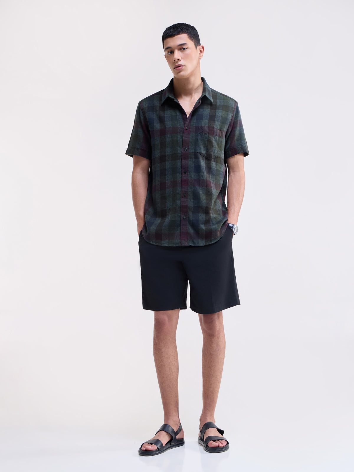 Check Half Sleeve Cotton Shirt - Olive t4option_0