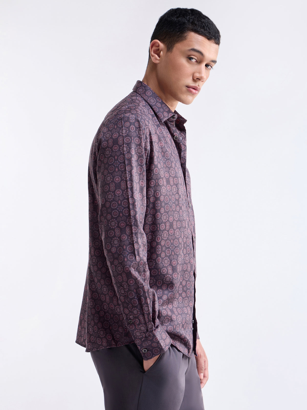 Printed Full Sleeve Cotton Shirt - Wine t4option_1