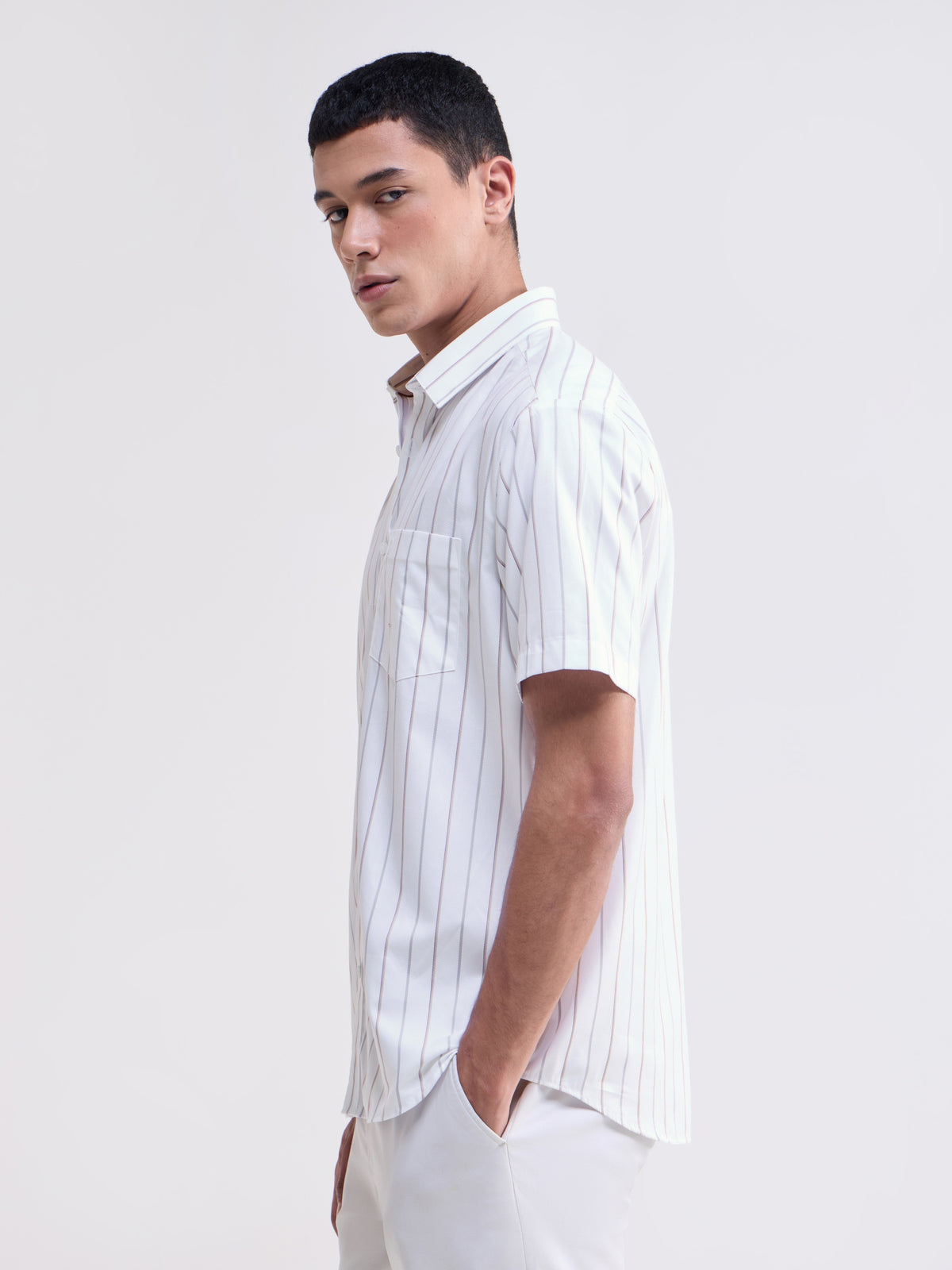 Striped Half Sleeve Cotton Shirt - White t4option_0