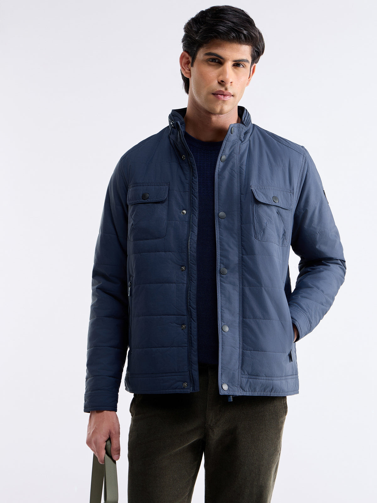 Solid Full Sleeve Bomber Jacket - Navy t4option_0