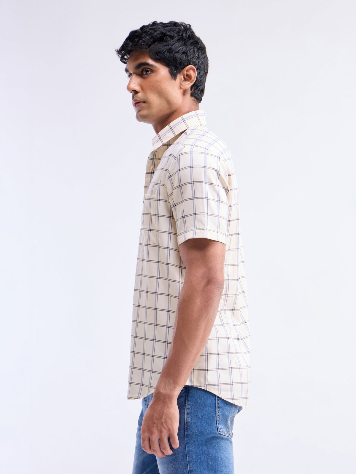 Check Half Sleeve Cotton Shirt - Peach t4option_0