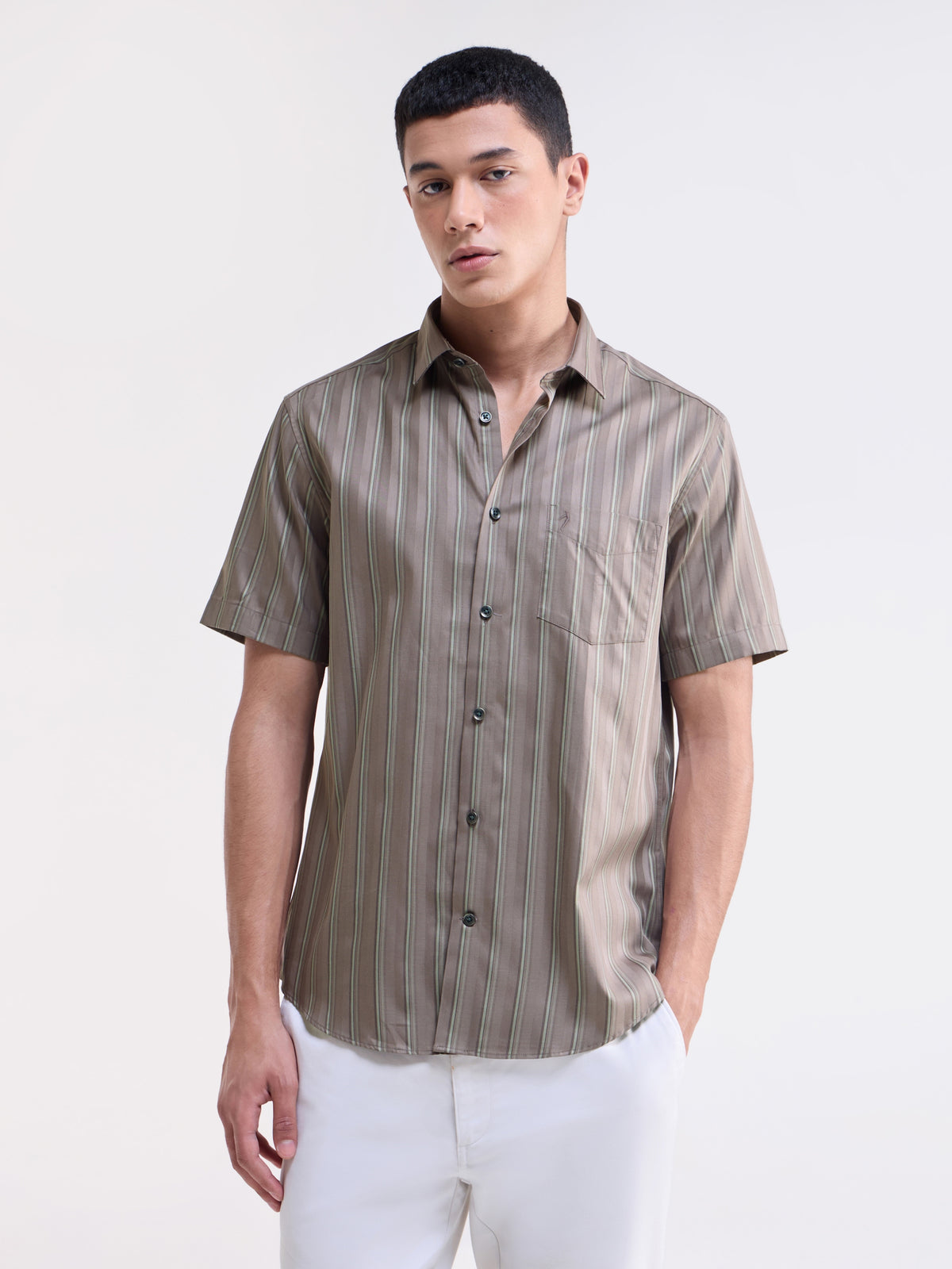 Striped Half Sleeve Cotton Shirt - Lt Brown t4option_1