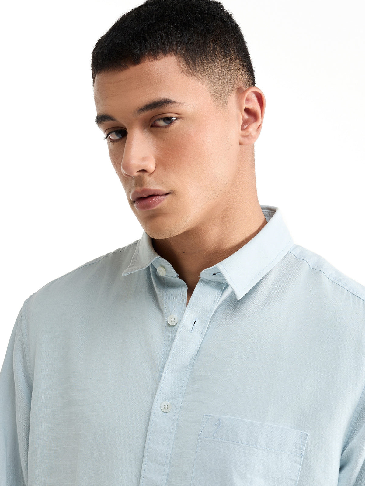Solid Full Sleeve Cotton Blend Shirt - Sky t4option_0