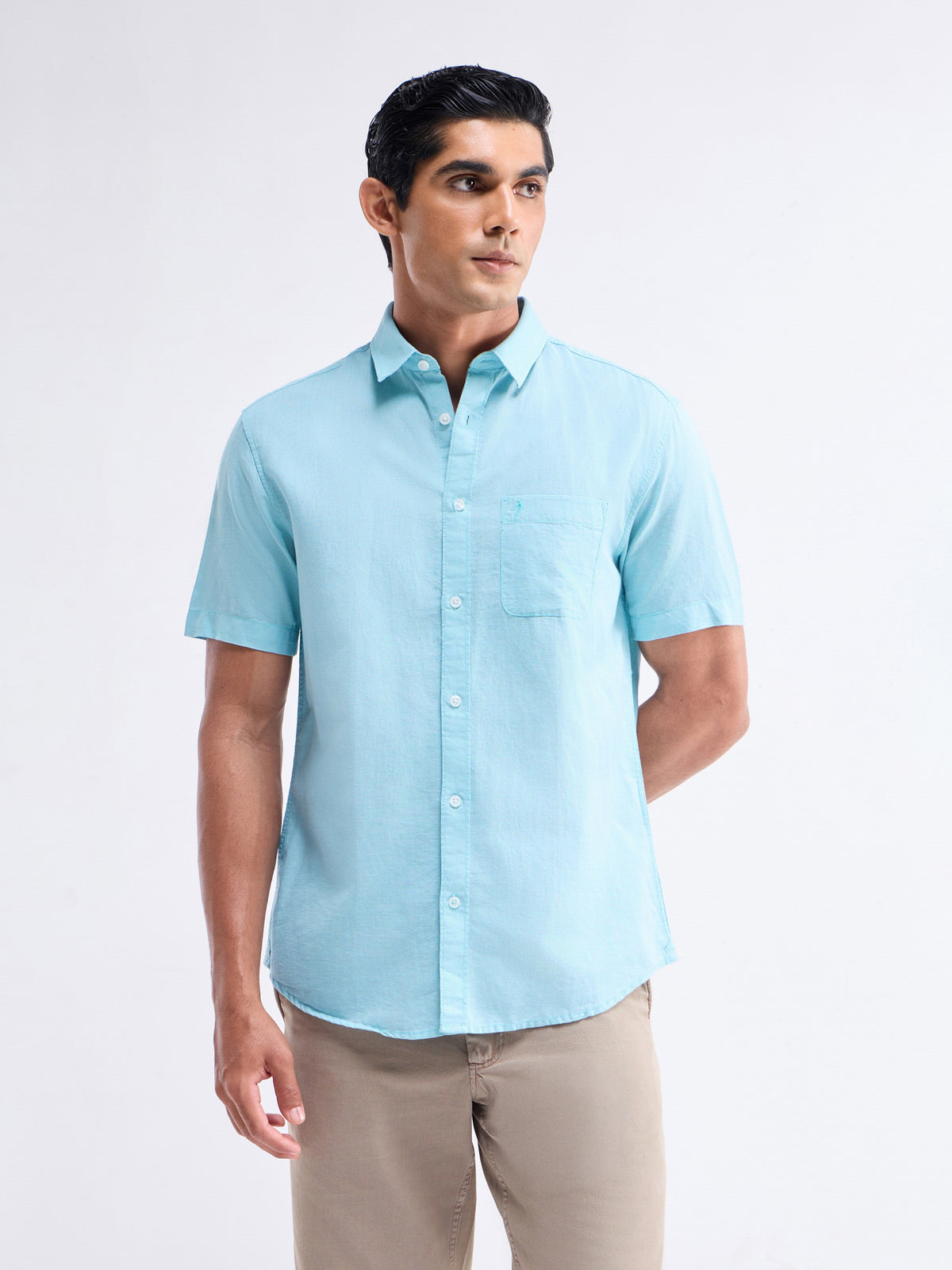 Solid Half Sleeve Cotton Linen Shirt - Aqua t4option_0
