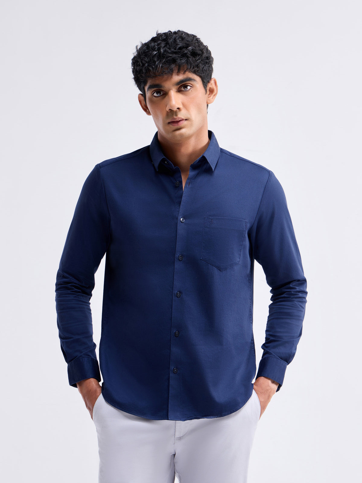 Solid Full Sleeve Cotton Stretch Shirt - Navy t4option_0