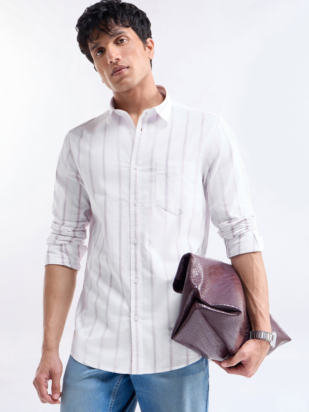Striped Full Sleeve Cotton Shirt - Pink t4option_1