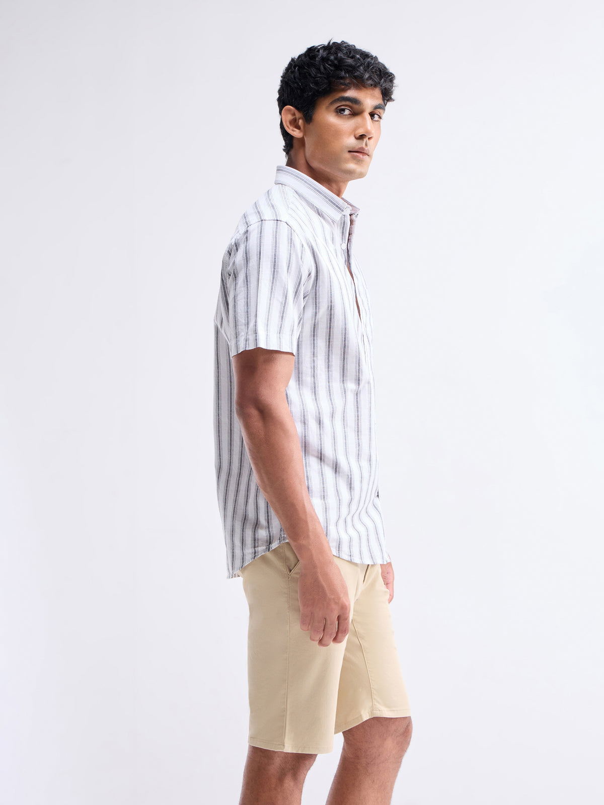 Striped Half Sleeve Cotton Shirt - White t4option_0