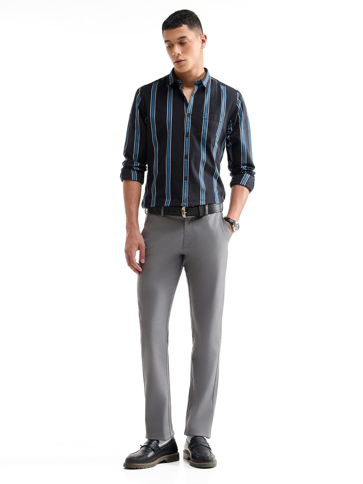 Striped Full Sleeve Cotton Shirt - Black t4option_0