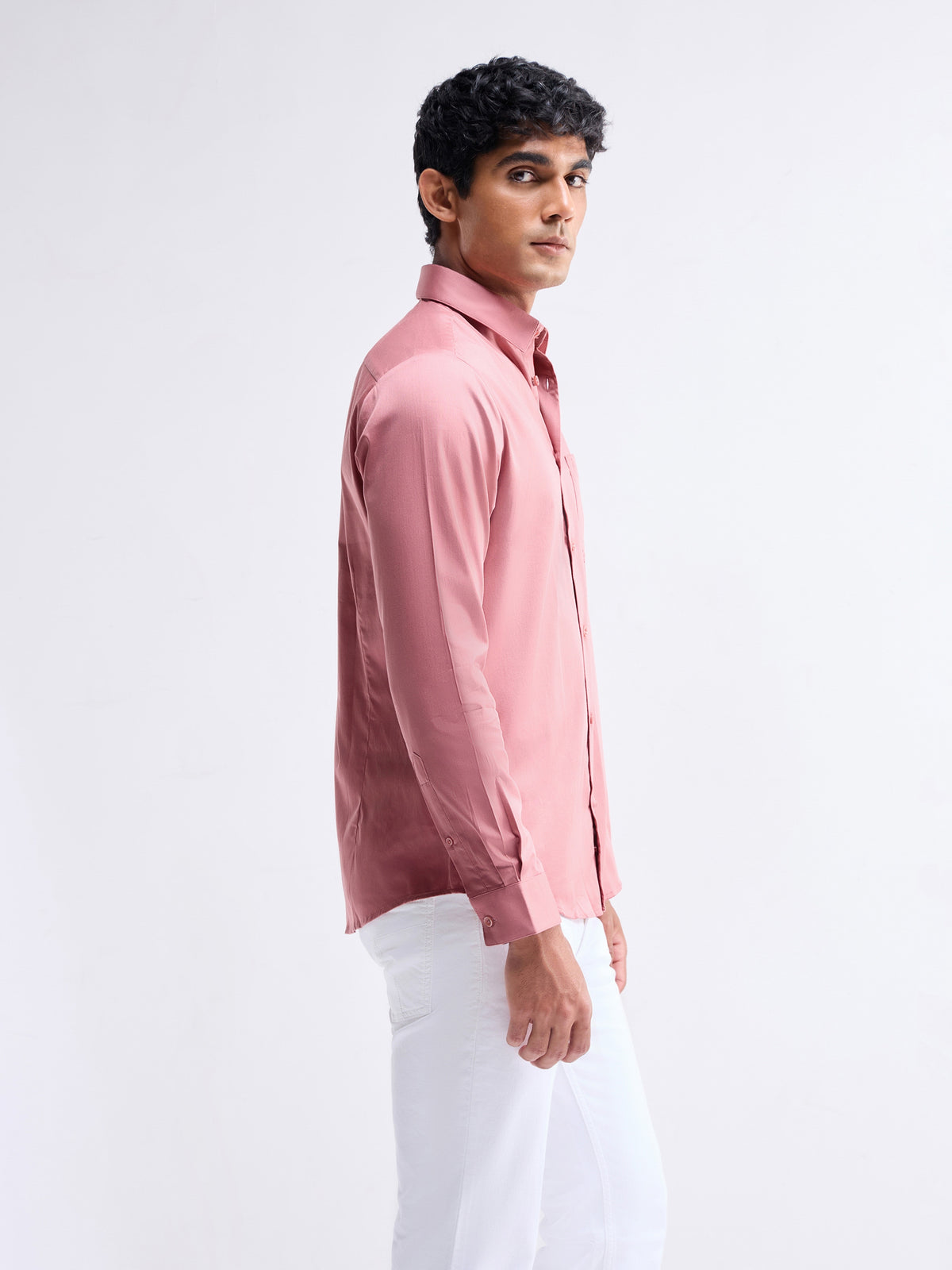 Solid Full Sleeve Cotton Stretch Shirt - Salmon t4option_8