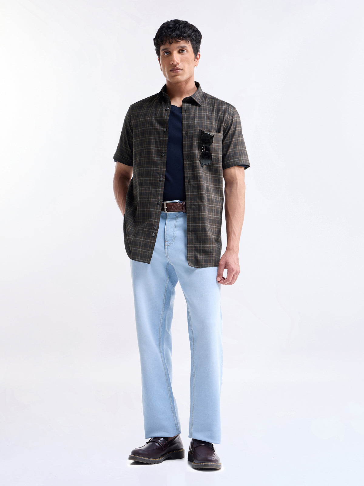 Check Half Sleeve Cotton Shirt - Brown t4option_0