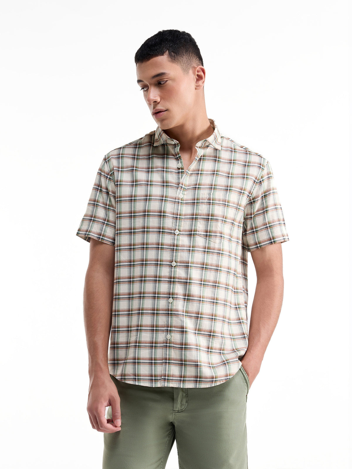 Check Half Sleeve Cotton Shirt - Ecru t4option_0