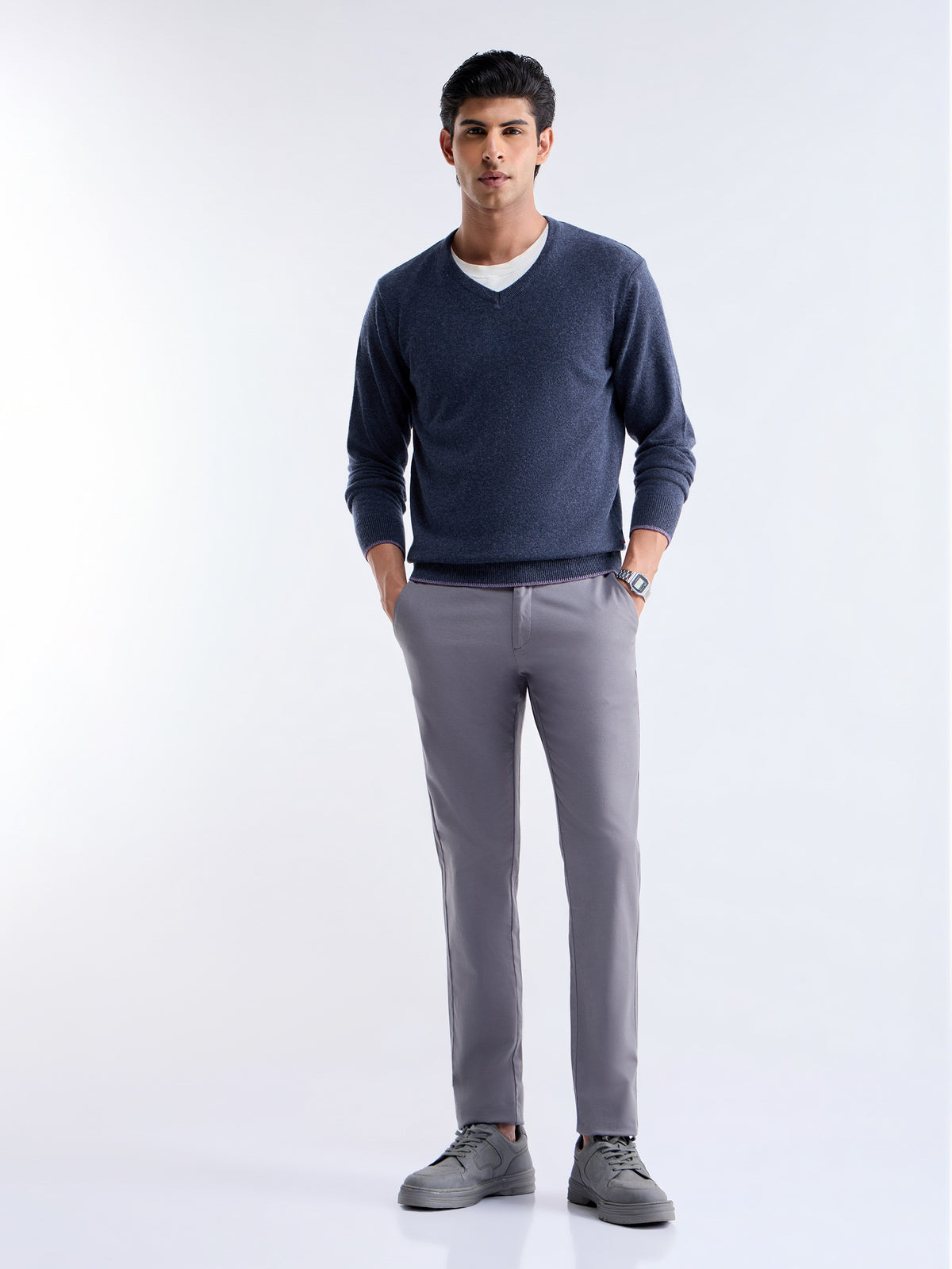 Solid Full Sleeve Crew Neck Sweater - Navy t4option_0
