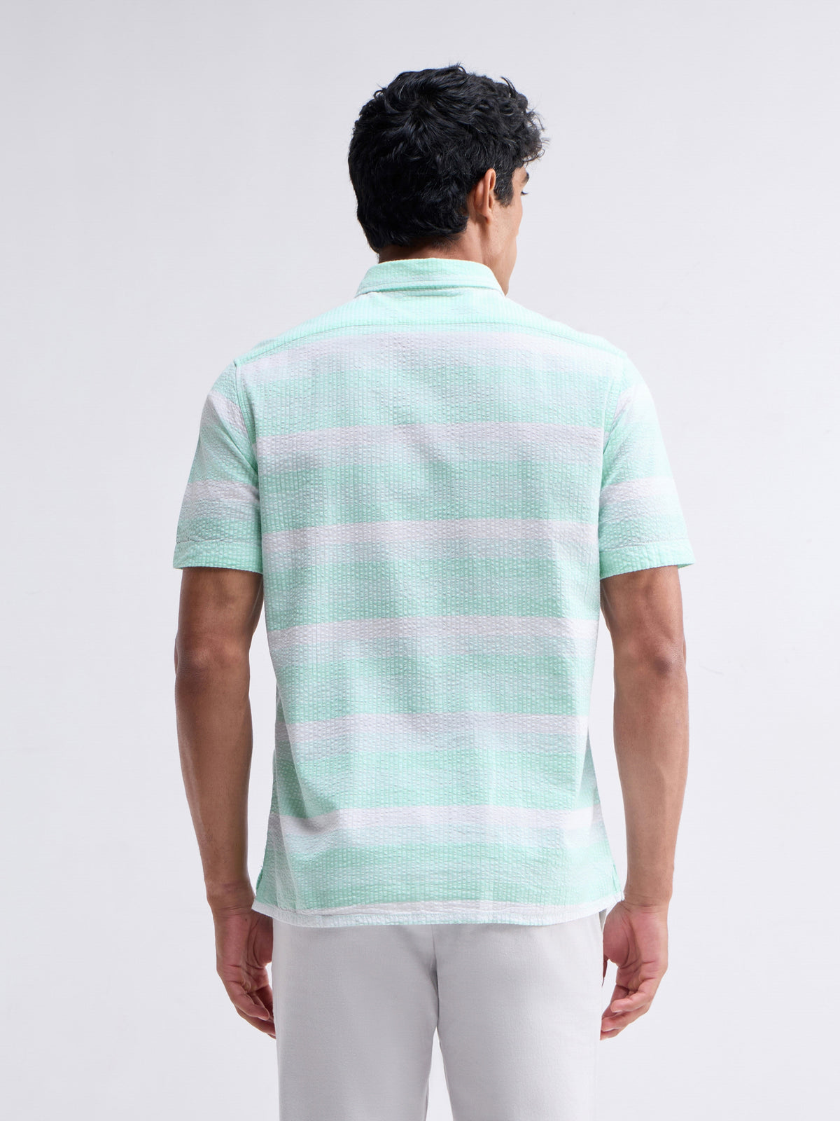 Striped Half Sleeve Cotton Shirt - Aqua t4option_0