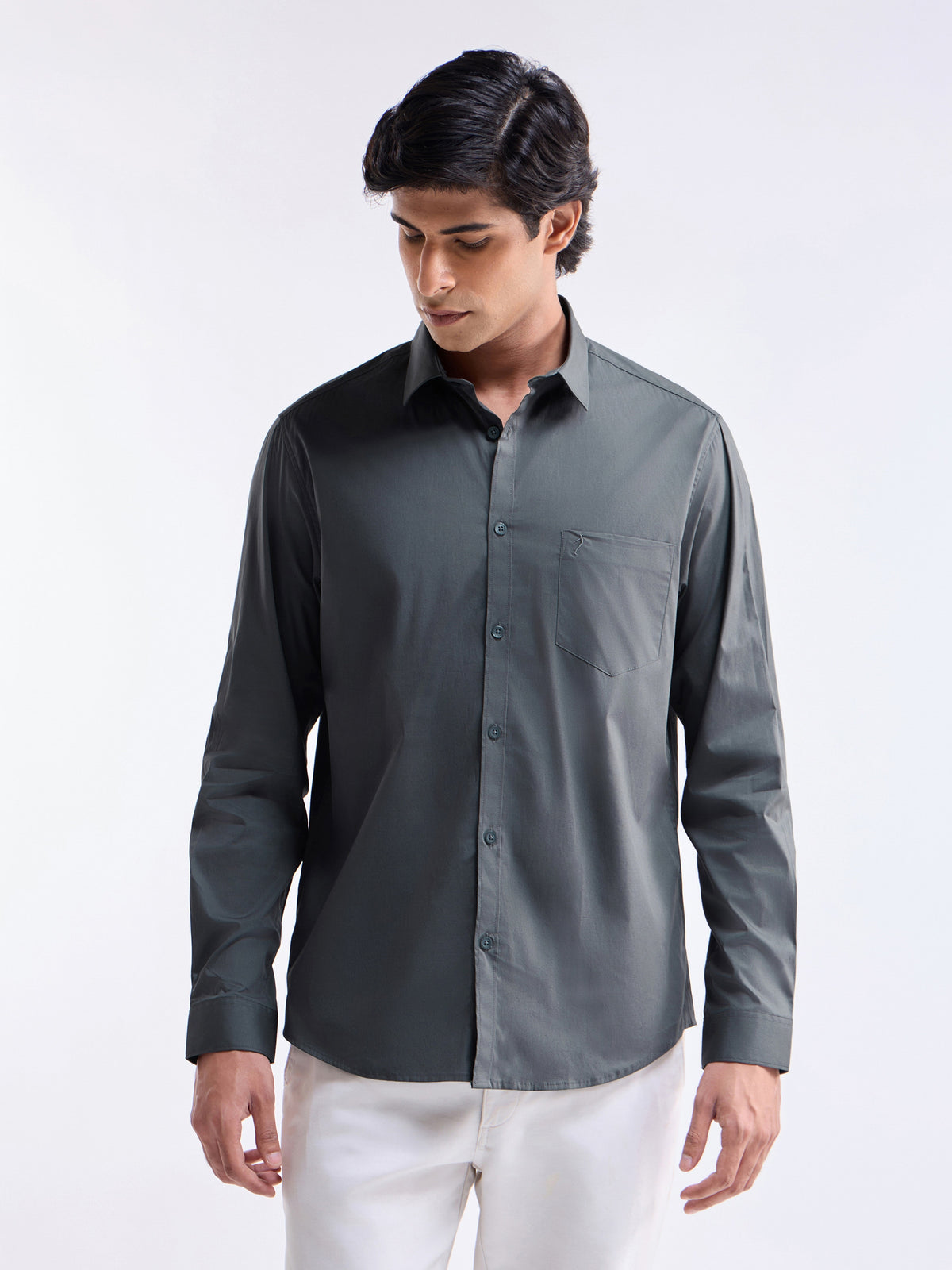 Solid Full Sleeve Cotton Stretch Shirt - Dark Grey t4option_3