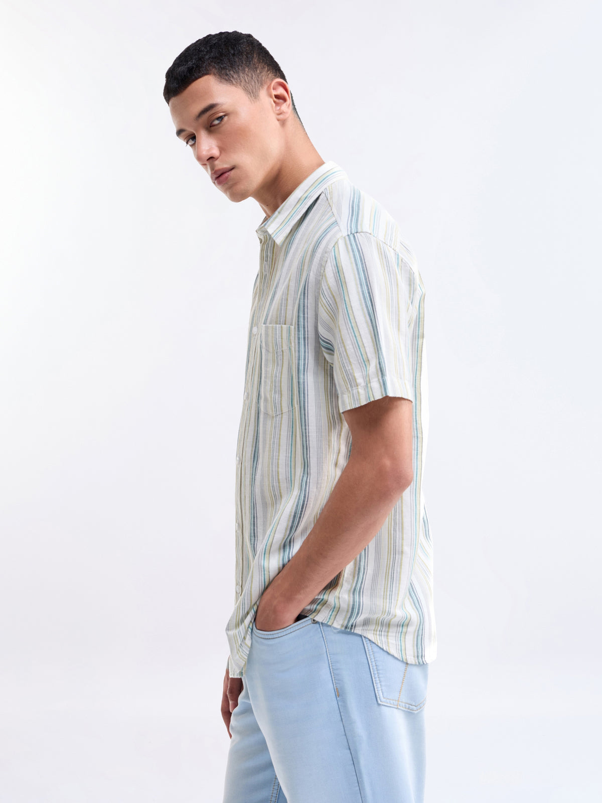 Striped Half Sleeve Cotton Linen Shirt - White t4option_0
