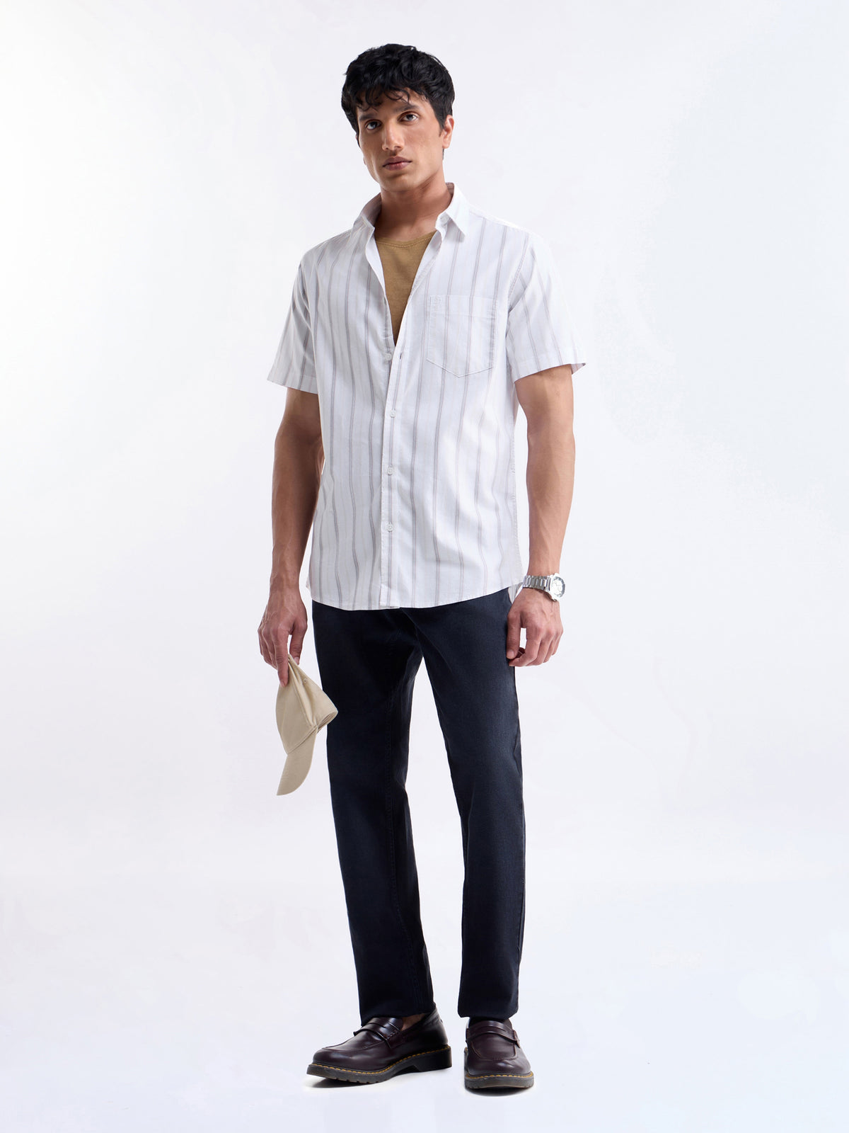 Striped Half Sleeve Cotton Shirt - Khaki t4option_0