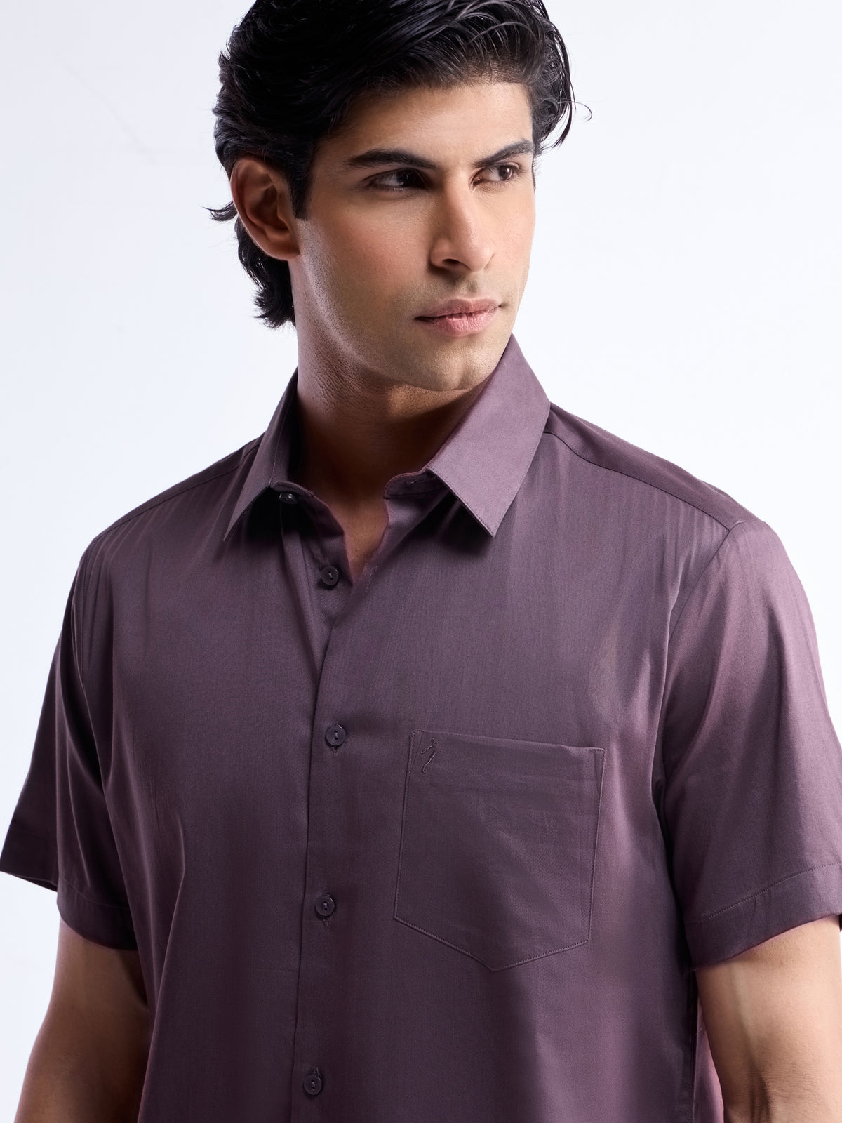 Solid Half Sleeve Cotton Stretch Shirt - Purple t4option_5