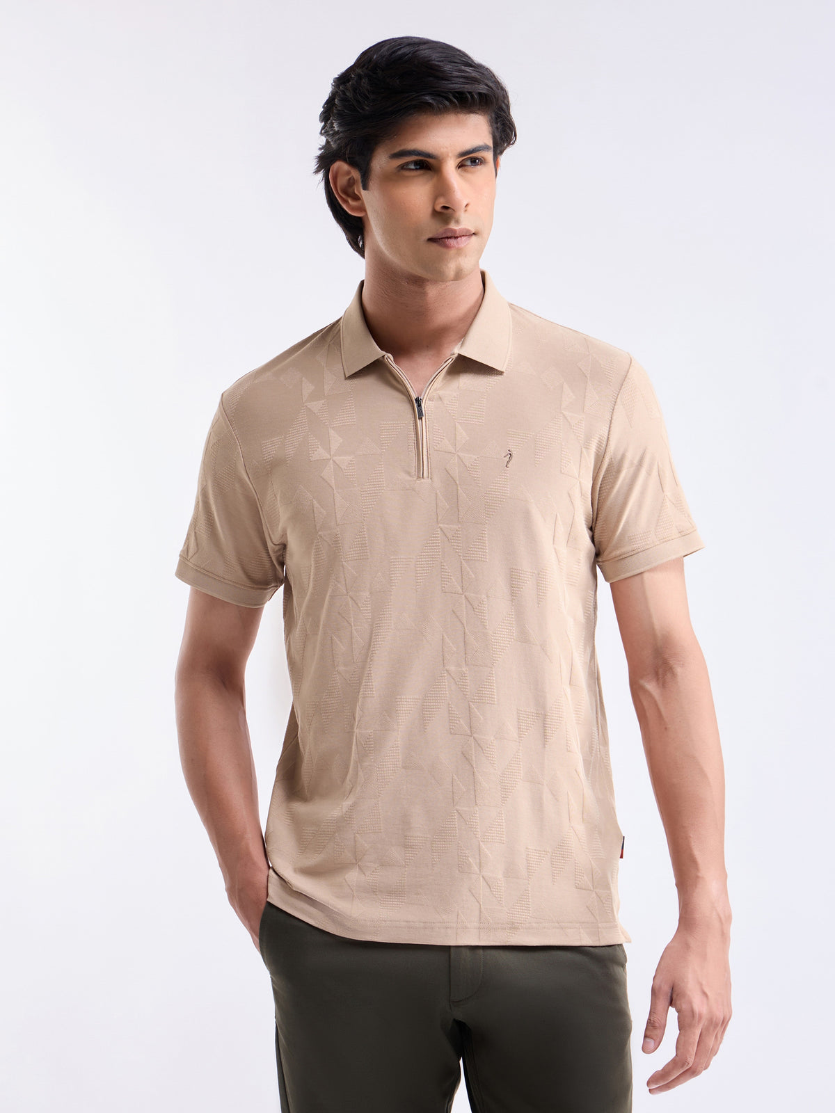 Jacquard Half Sleeve Regular Fit Polo T-Shirt - Beige t4option_0