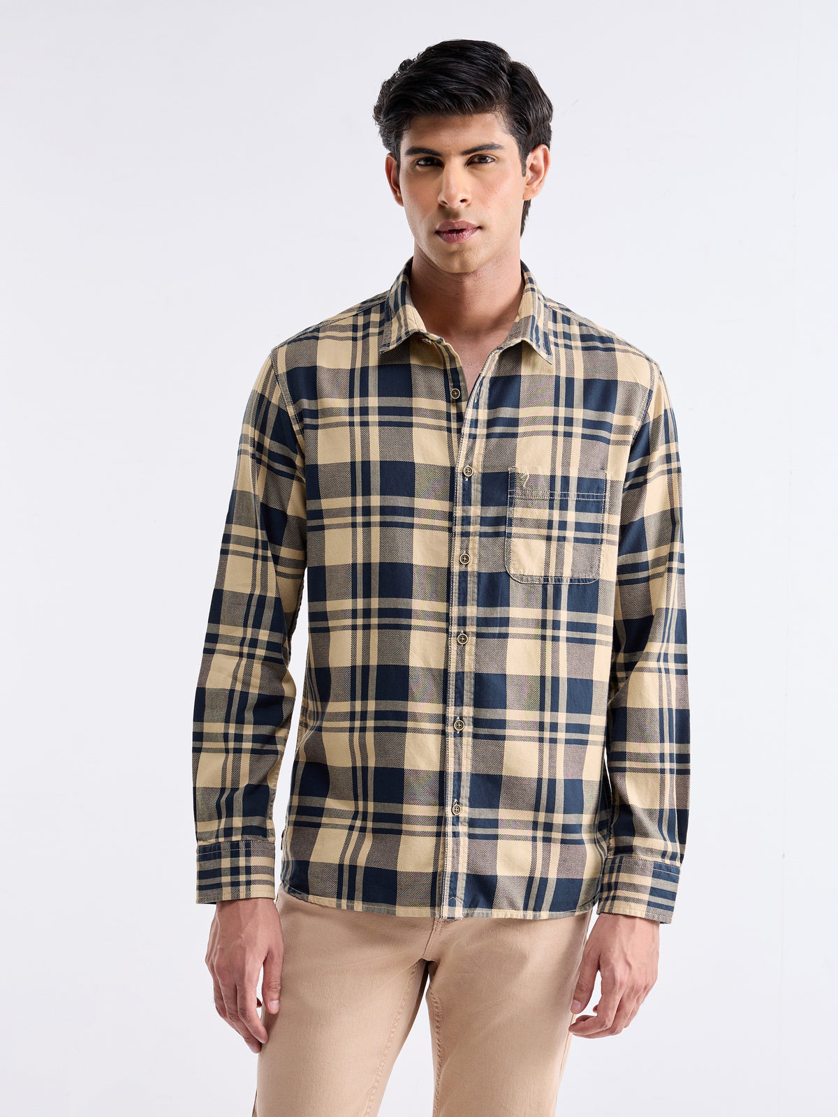 Check Full Sleeve Cotton Shirt - Lt Khaki t4option_0