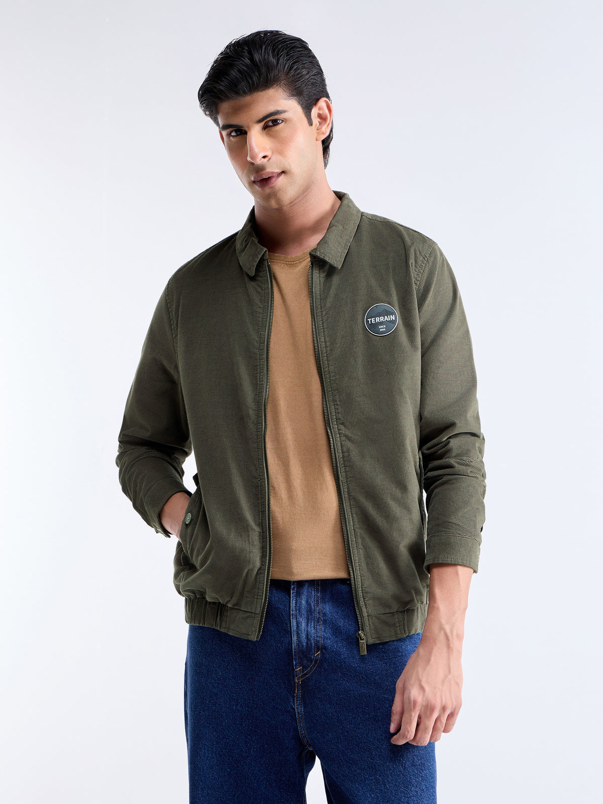 Solid Full Sleeve Bomber Jacket - Olive t4option_1