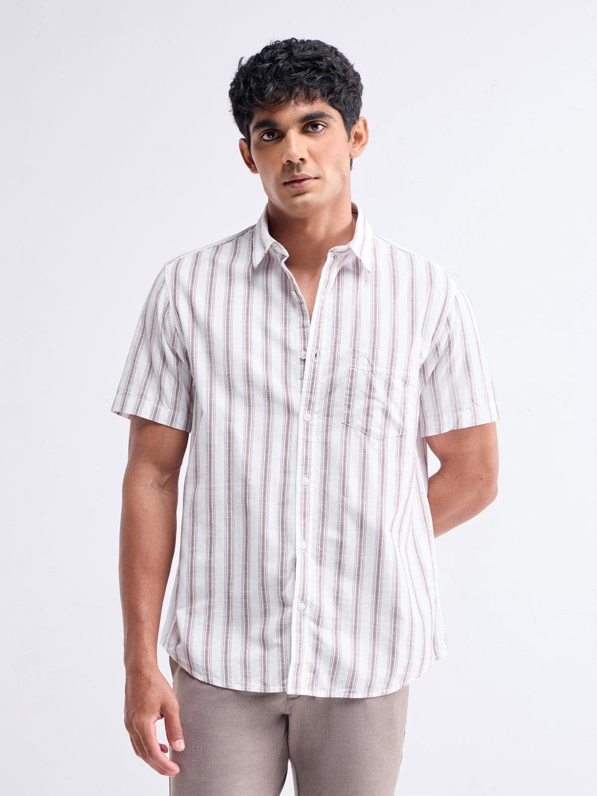 Striped Half Sleeve Cotton Shirt - Khaki t4option_0