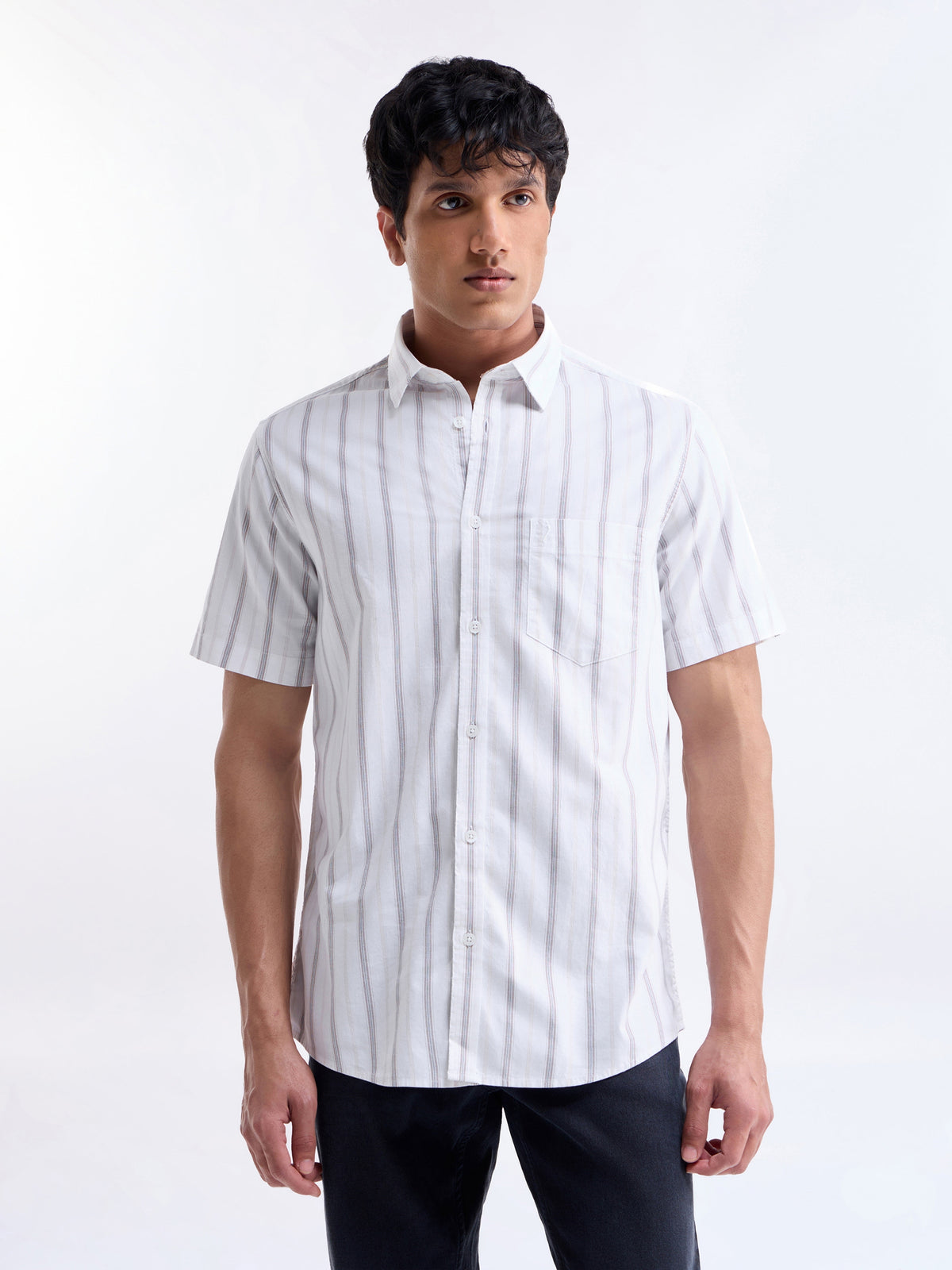 Striped Half Sleeve Cotton Shirt - Khaki t4option_0