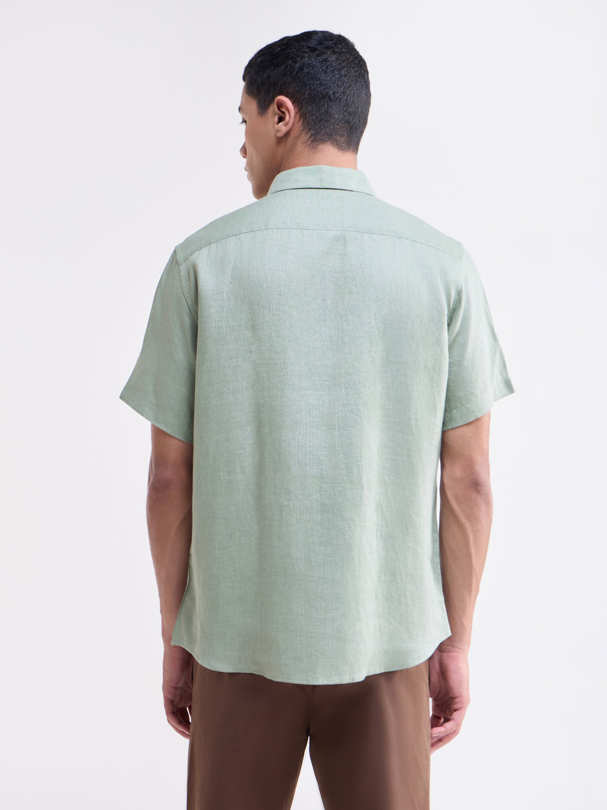 Solid Half Sleeve Linen Shirt - Green t4option_0