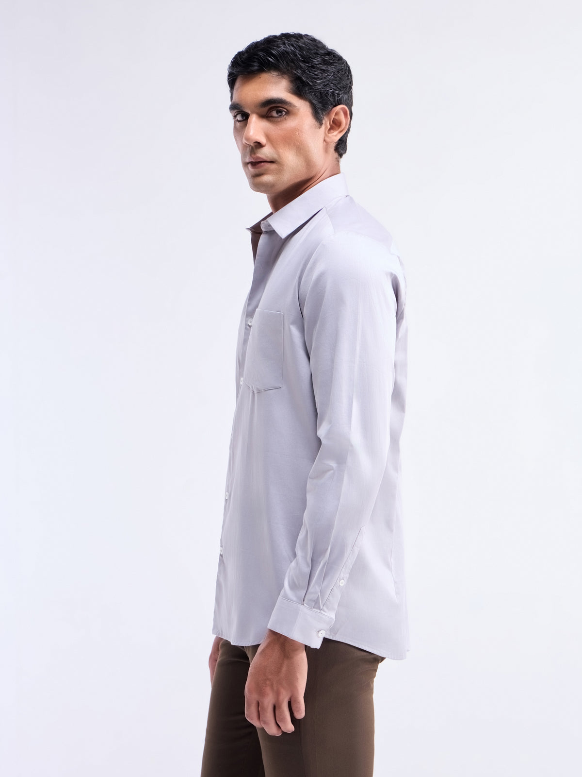 Solid Full Sleeve Cotton Stretch Shirt - Light Grey t4option_3