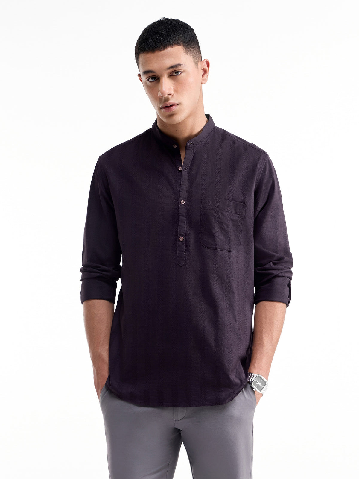 Striped Full Sleeve Cotton Shirt - Plum t4option_2