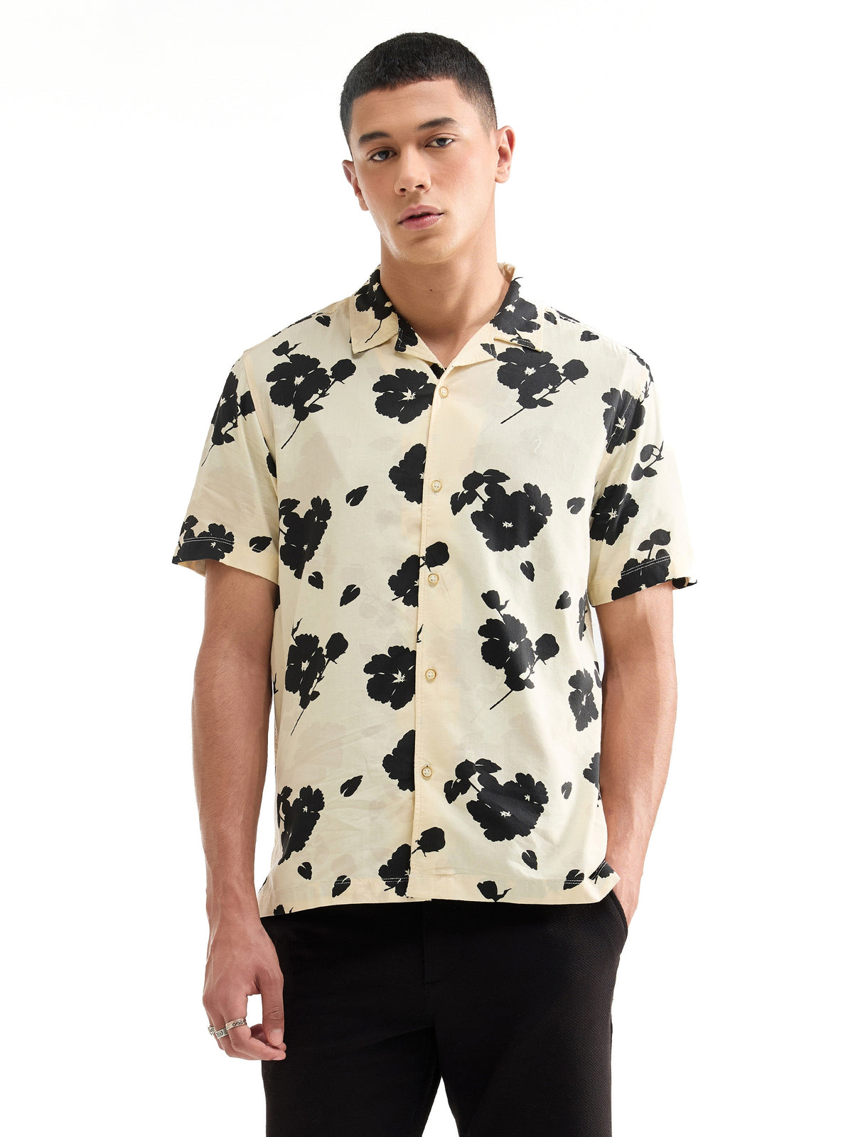 Printed Half Sleeve Cotton Viscose Shirt - Beige t4option_0