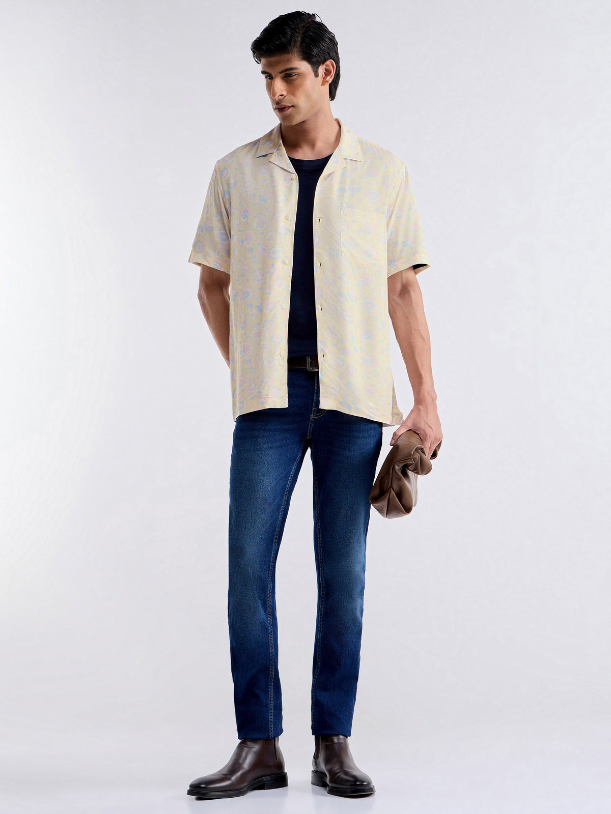 Printed Half Sleeve Cotton Modal Shirt - Yellow t4option_0