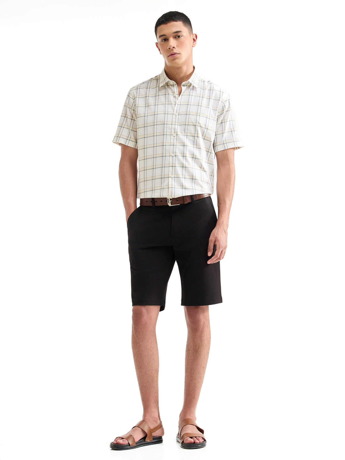 Check Half Sleeve Cotton Shirt - Off White t4option_0
