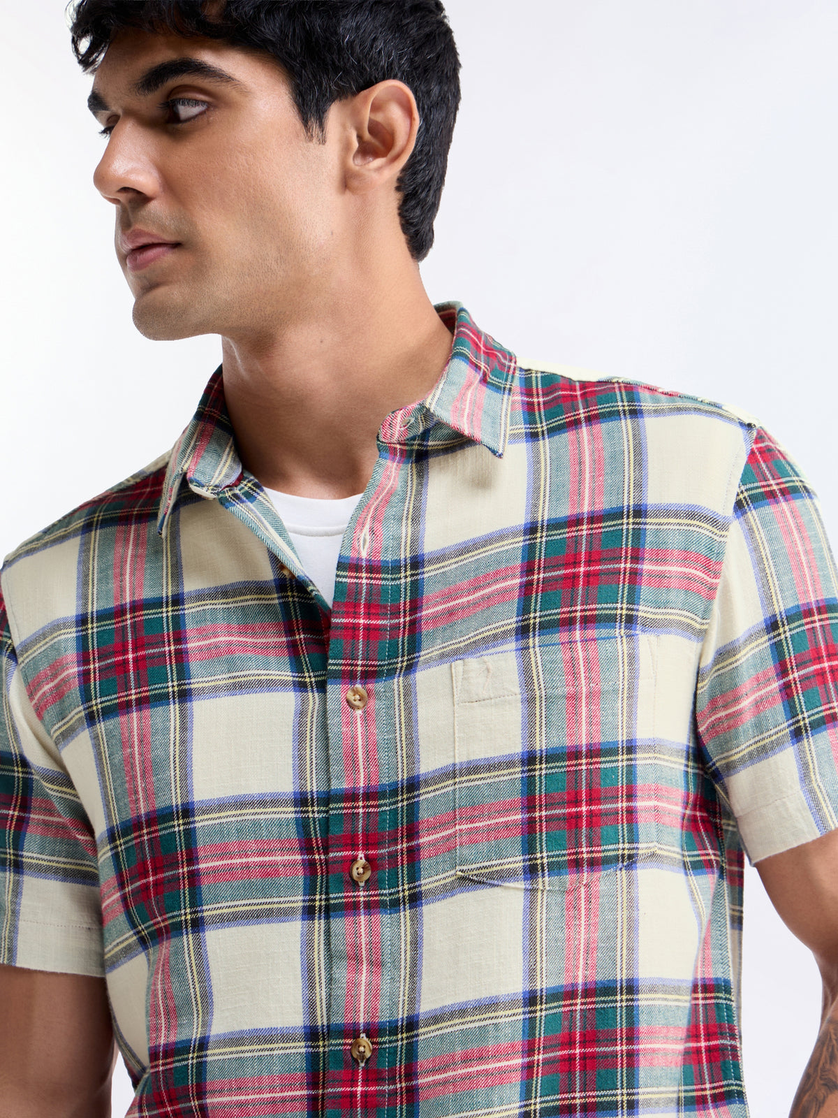 Check Half Sleeve Cotton Shirt - Ecru t4option_0