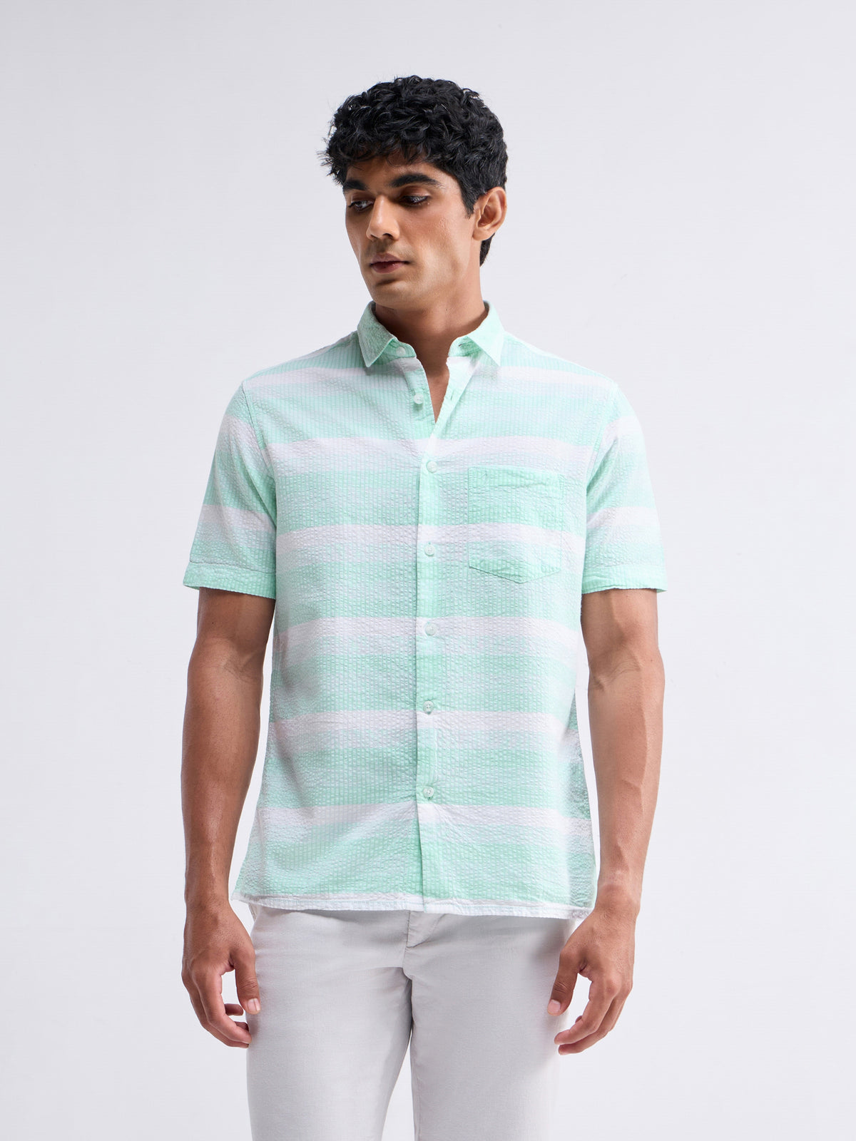 Striped Half Sleeve Cotton Shirt - Aqua t4option_0
