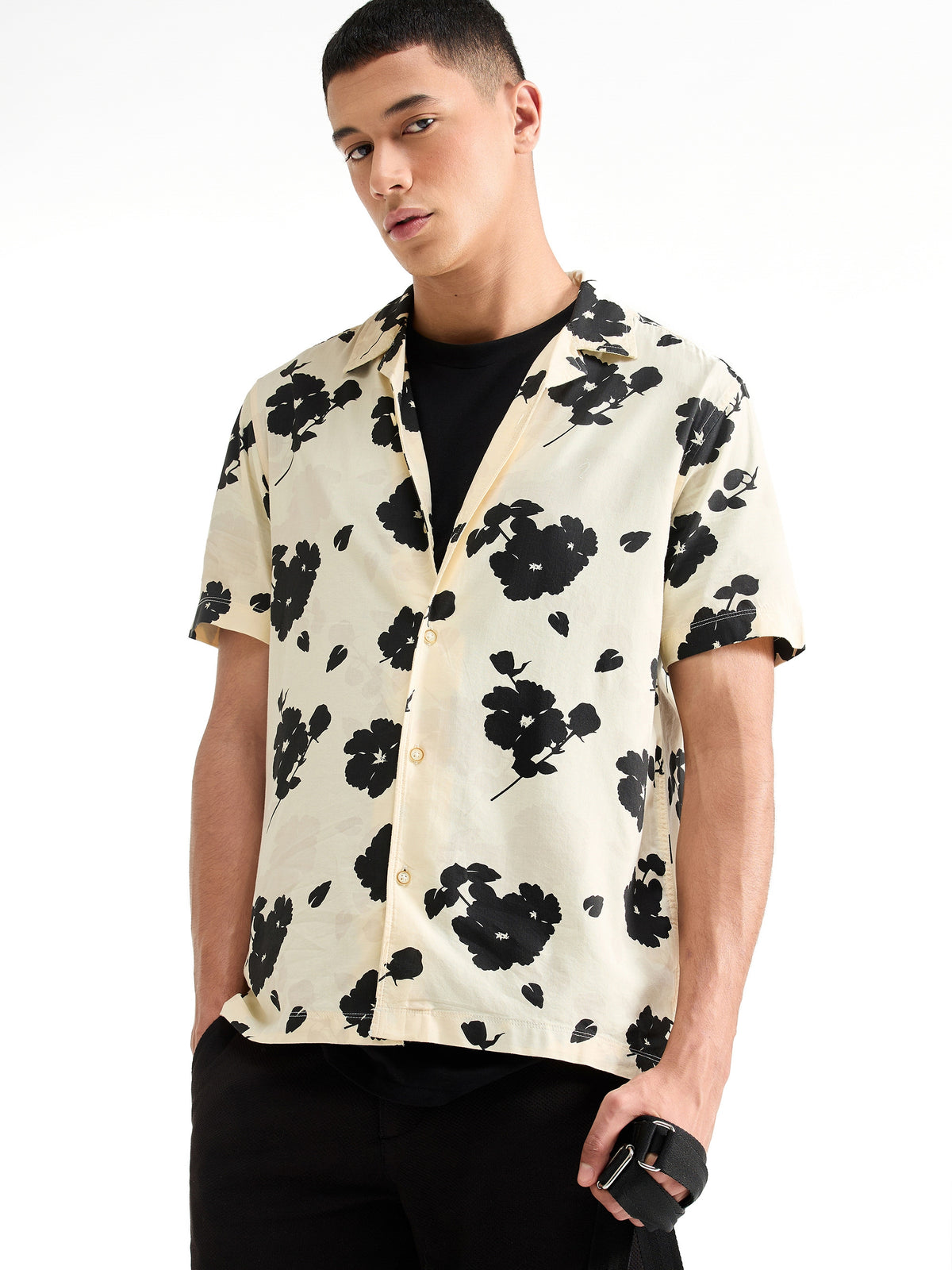 Printed Half Sleeve Cotton Viscose Shirt - Beige t4option_0