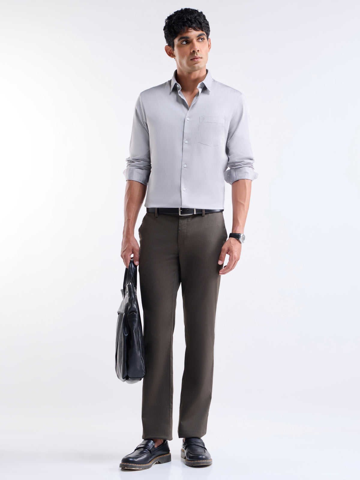 Solid Full Sleeve Cotton Stretch Shirt - Light Grey t4option_4