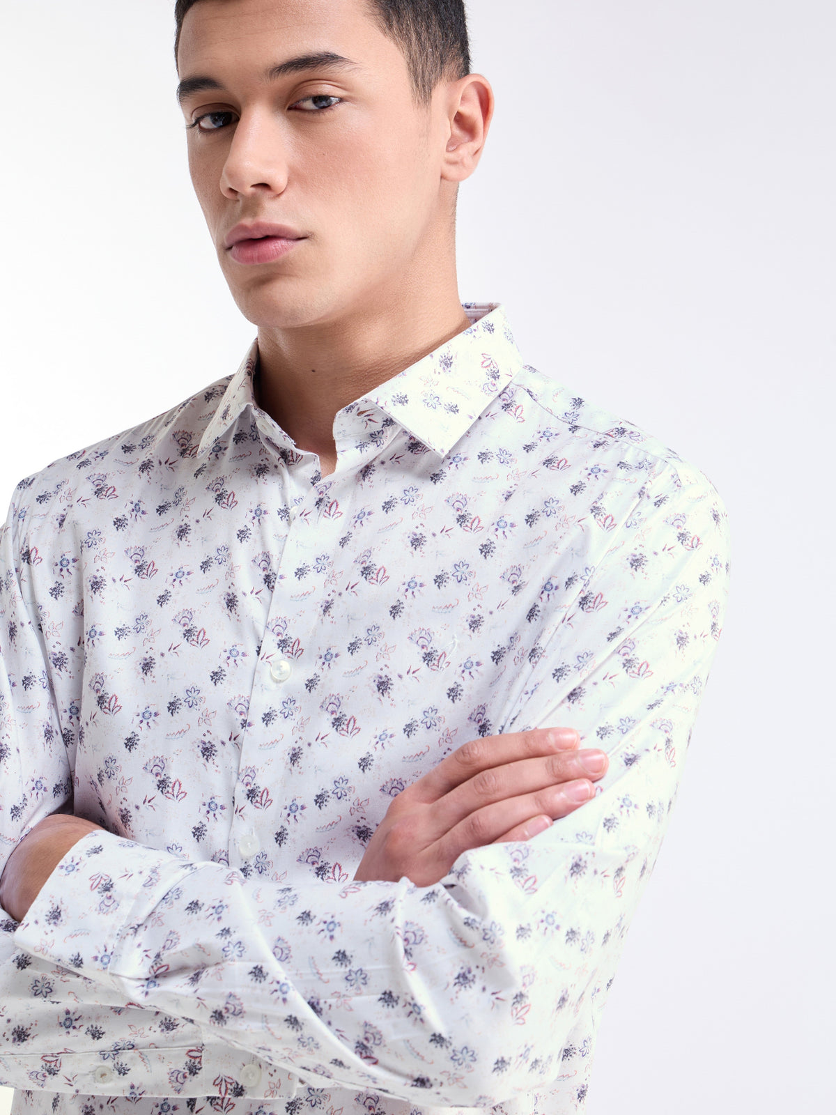 Printed Full Sleeve Cotton Modal Shirt - White t4option_0