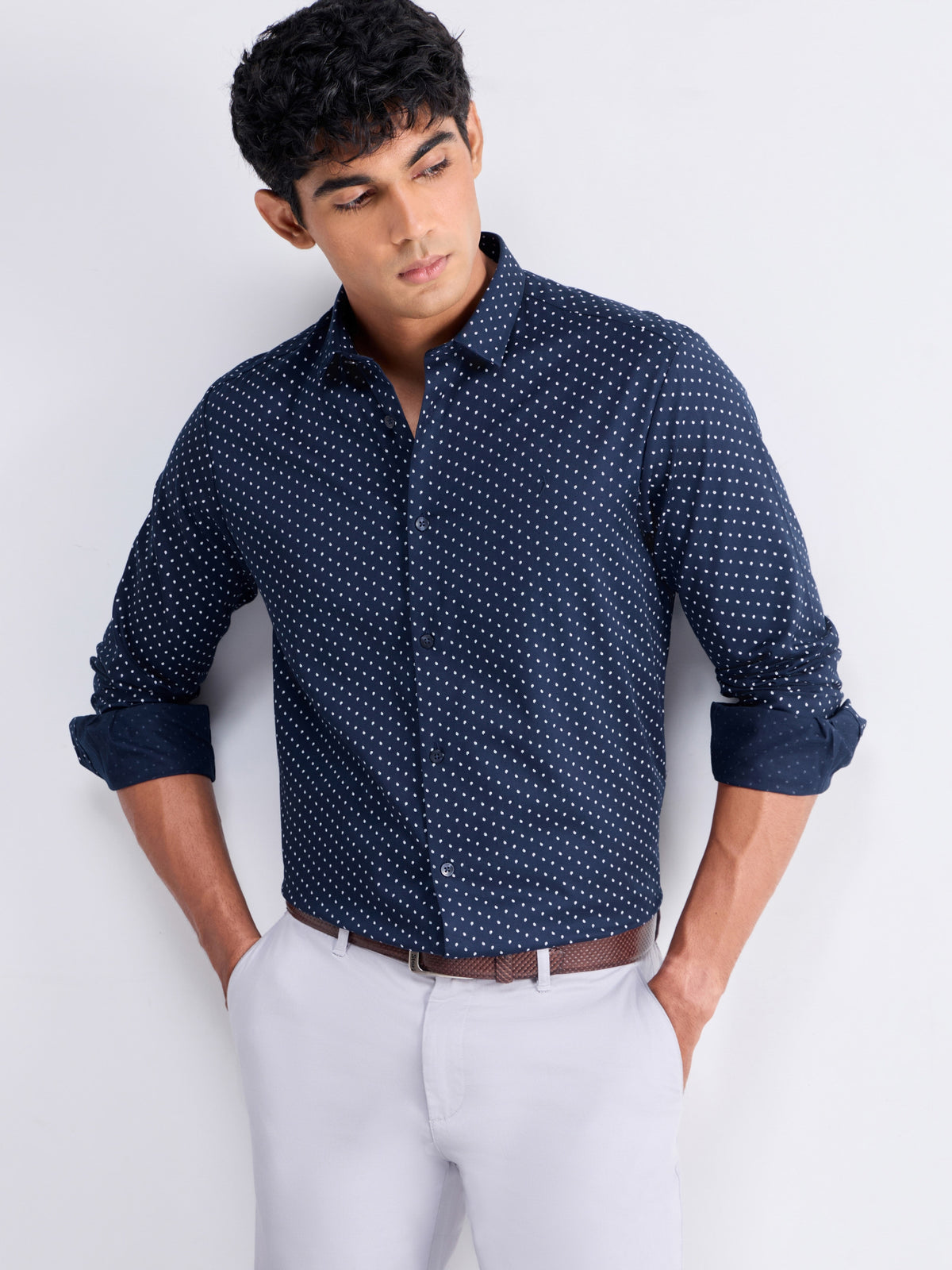 Printed Full Sleeve Cotton Shirt - Navy t4option_0