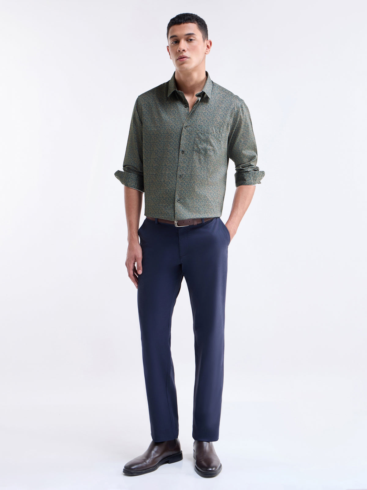 Printed Full Sleeve Cotton Shirt - Pine t4option_0