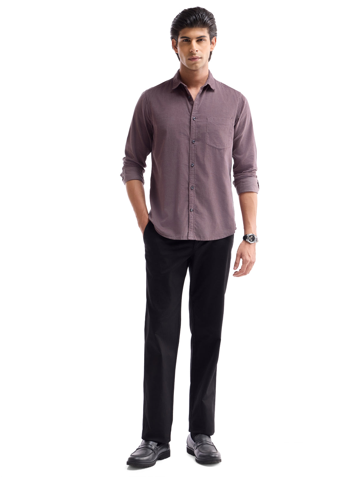 Solid Full Sleeve Cotton Tencel Shirt - Purple t4option_6