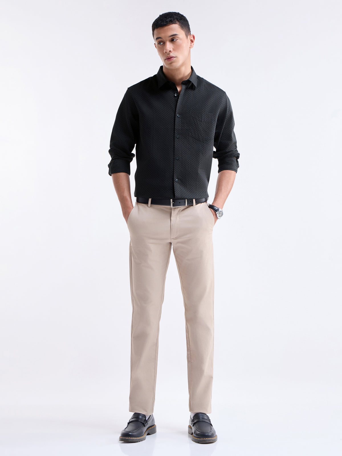 Jacquard Full Sleeve Cotton Shirt - Black t4option_0