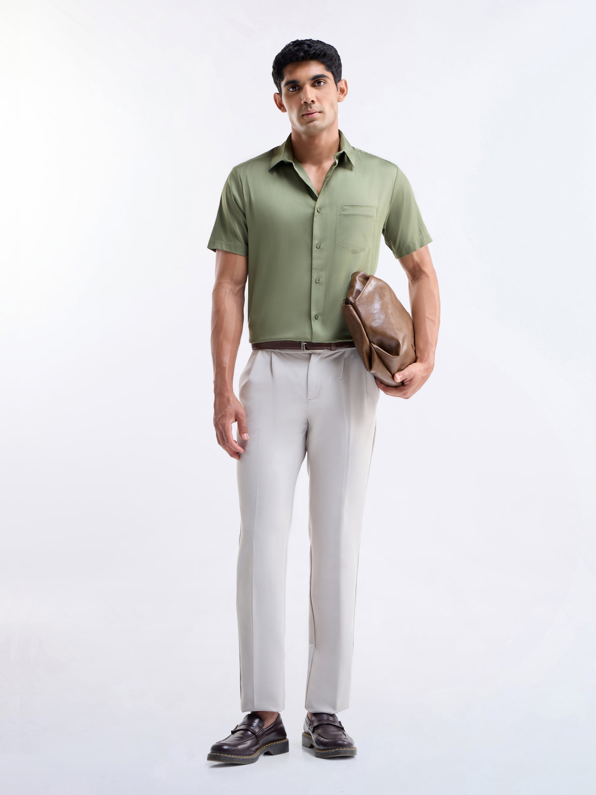 Solid Half Sleeve Cotton Stretch Shirt - Lt Olive t4option_2