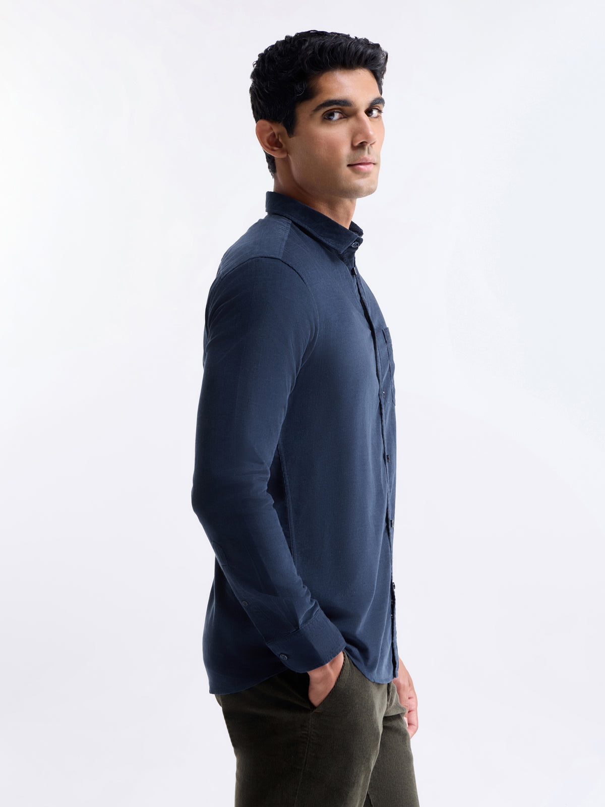 Solid Full Sleeve Cotton Tencel Shirt - Navy t4option_5