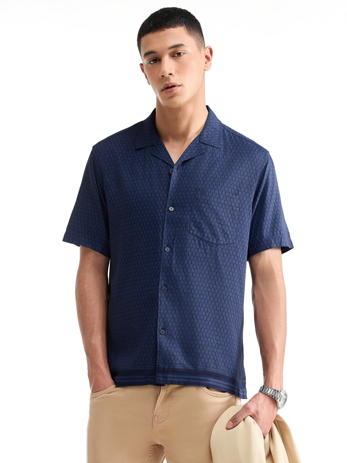 Printed Half Sleeve Viscose Linen Shirt - Navy t4option_0
