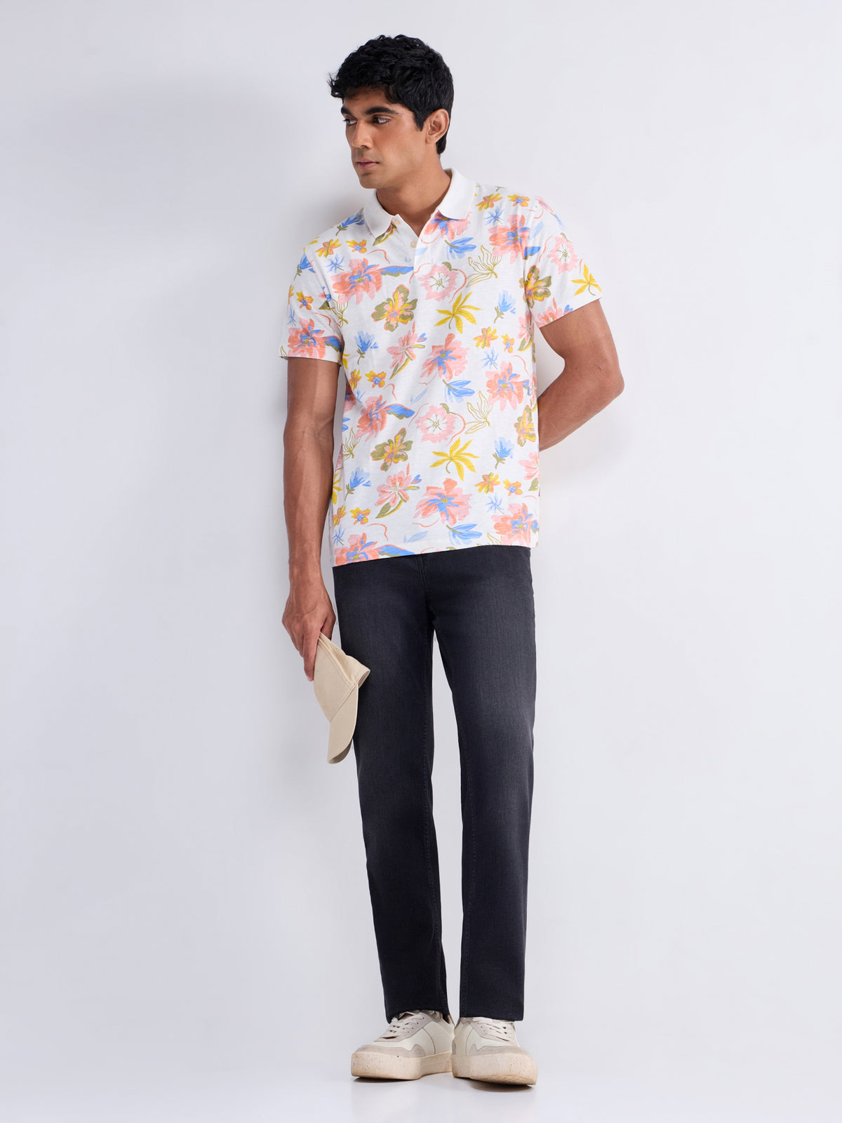 Printed Half Sleeve Regular Fit Polo T-Shirt - Off White t4option_0