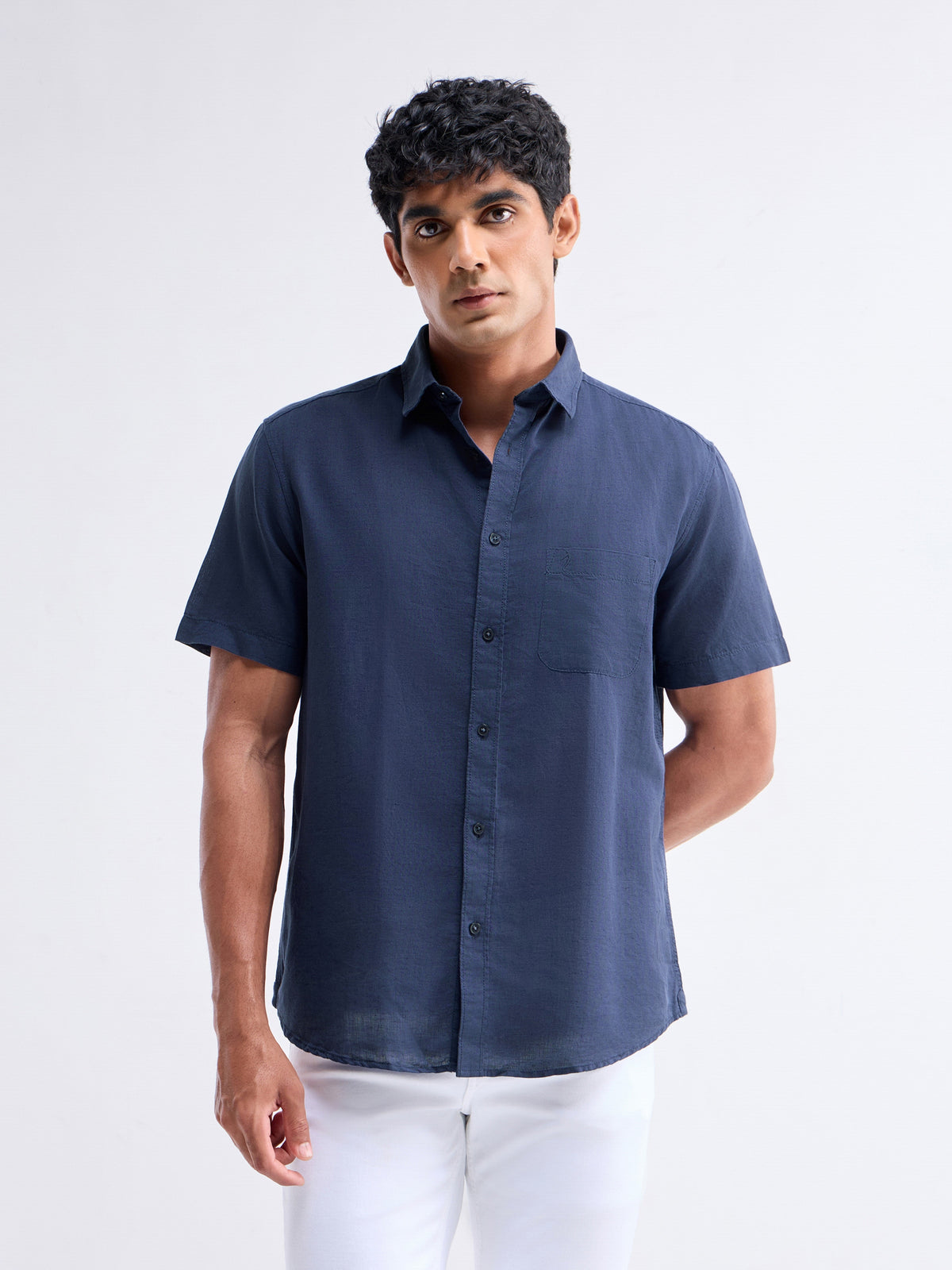 Solid Half Sleeve Cotton Linen Shirt - Navy t4option_3