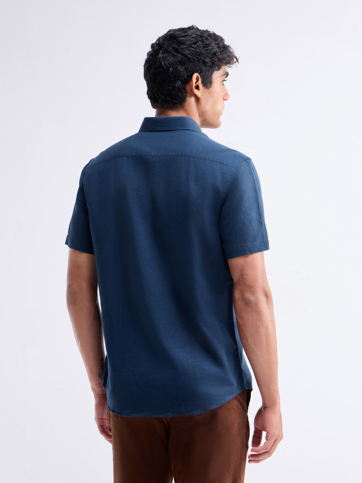 Solid Half Sleeve Cotton Blend Shirt - Navy t4option_0