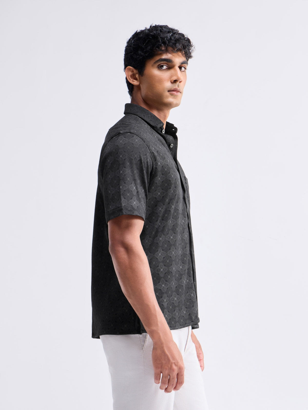 Printed Half Sleeve Cotton Shirt - Black t4option_0