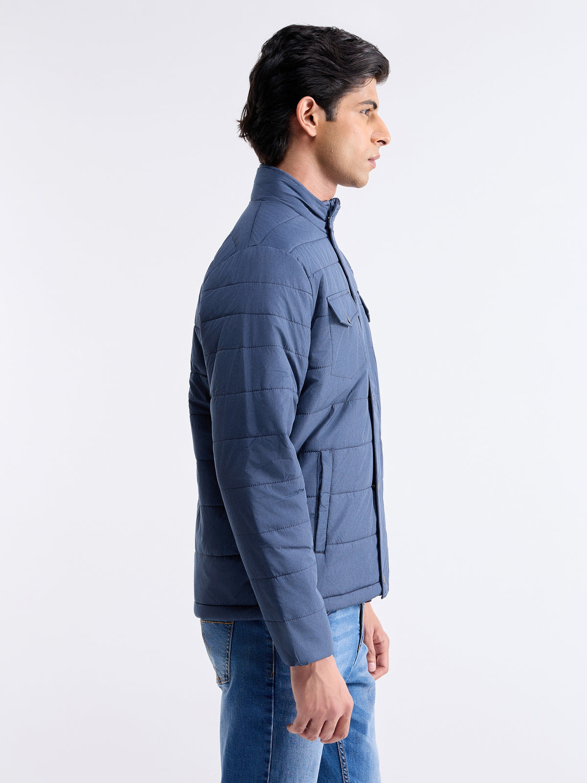 Textured Full Sleeve Biker Jacket - Navy t4option_0