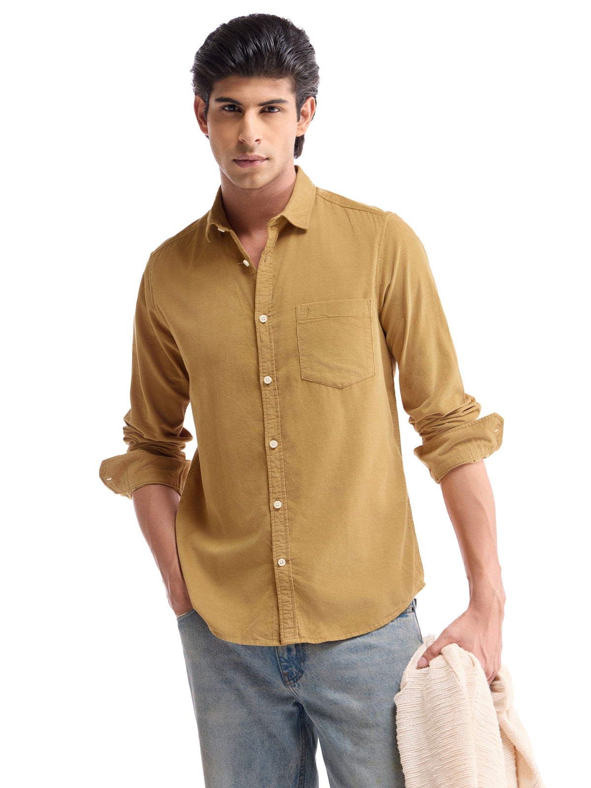 Solid Full Sleeve Cotton Tencel Shirt - Gold t4option_4
